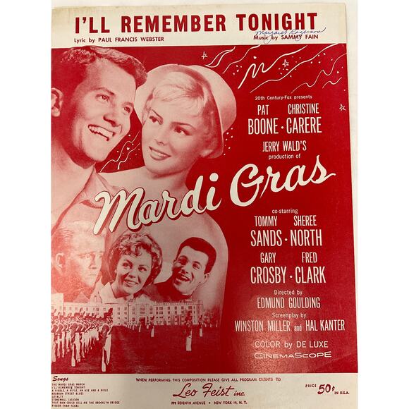 Ill Remember Tonight Sheet Music 1958 Mardi Bras Pat Boone Fain Webster - Picture 2 of 5